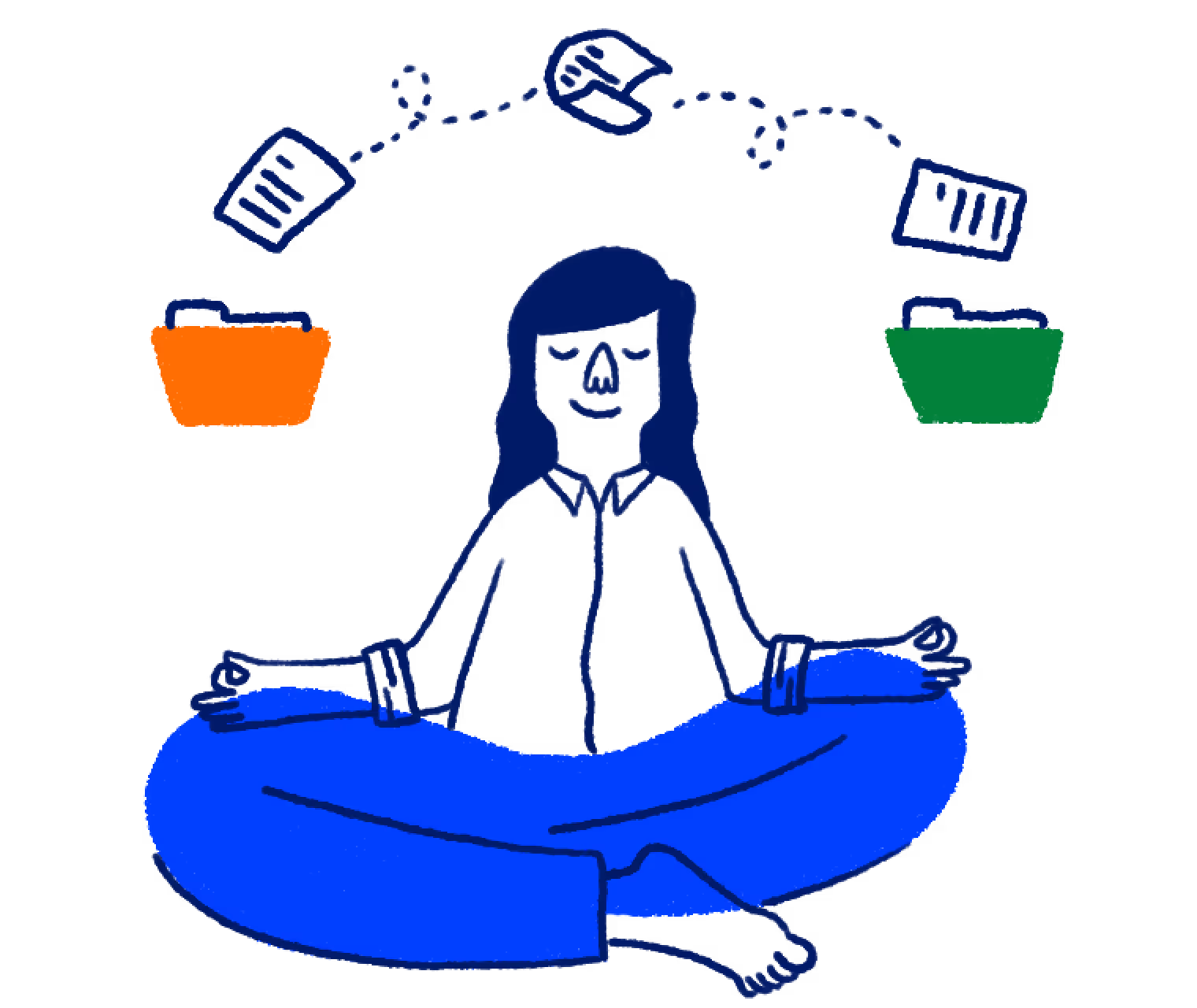 Illustration of a person sitting cross-legged in a meditative pose with documents and folders floating above.